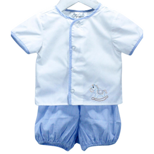 2pc baby boy diaper set with light blue gingham bloomer and white button top with gingham trim  and a hand embroidered rocking horse