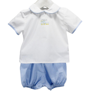 two piece diaper set, blue micro gingham bloomers with a button back top with collar trimmed in gingham and a small train embroider on the front center