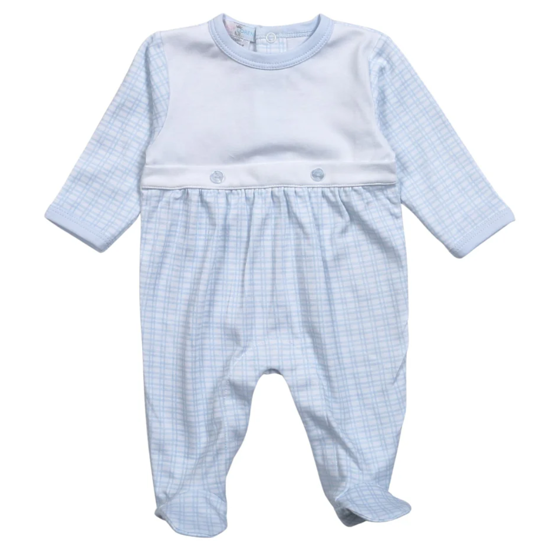 Baby onesie with light blue checkered pattern and button accent at the waist on a white background