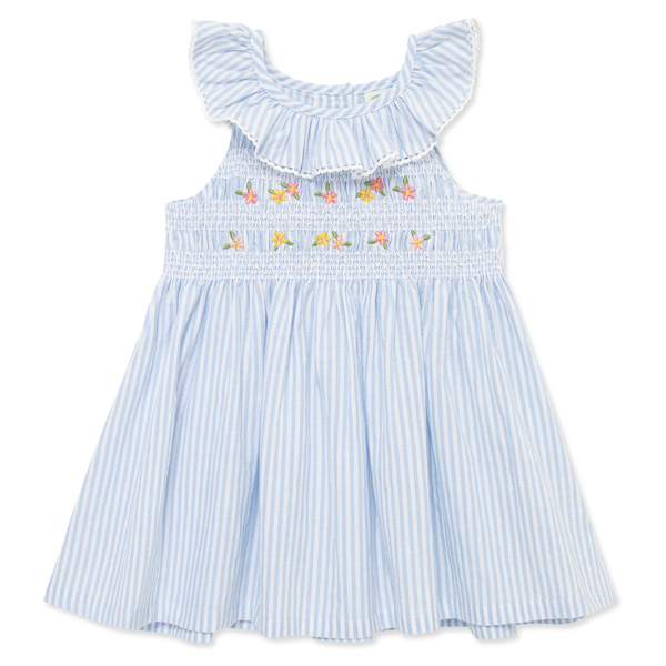 Blue striped toddler girl smocked sundress with embroidered flowers and ruffle neckline.