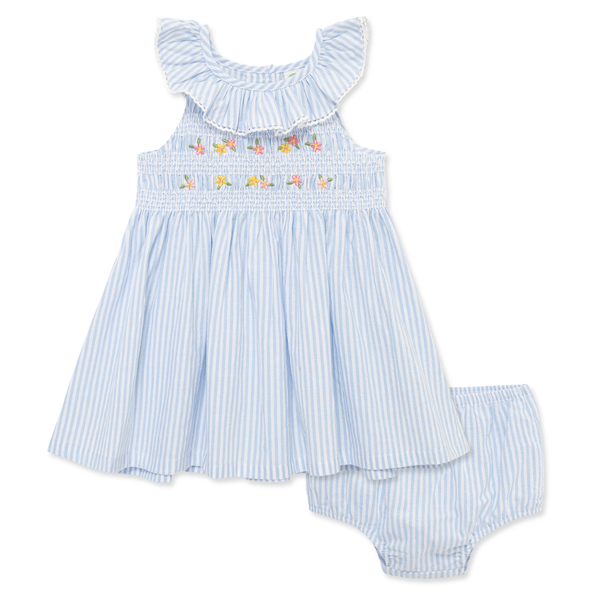Blue striped baby girl smocked sundress with embroidered flowers, ruffle neckline, and matching bloomers.
