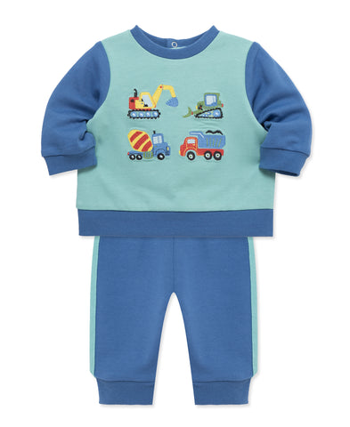 teal and blue long sleeve shirt with trucks on the front with matching pants