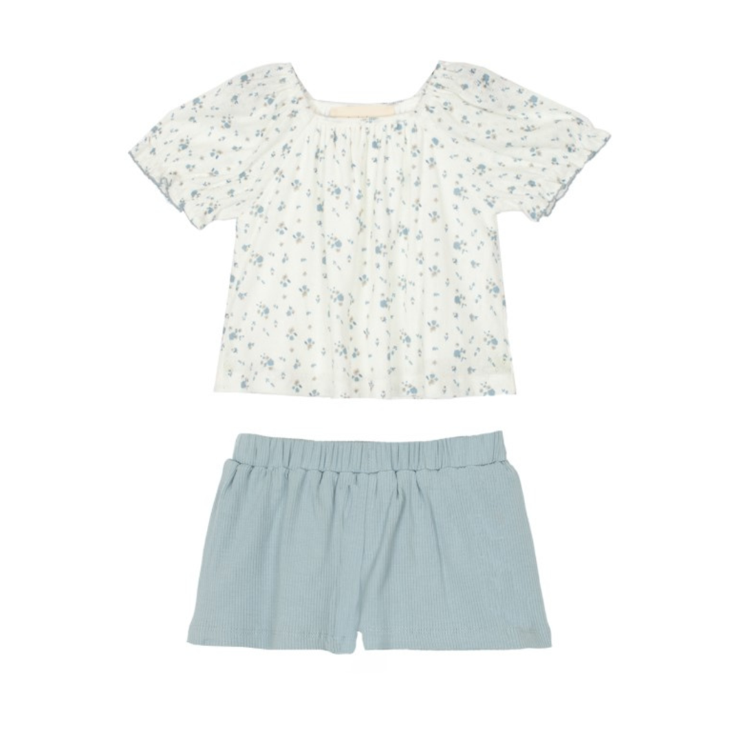 white shirt with blue flowers and matching blue short