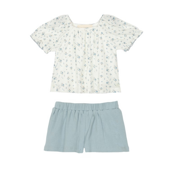 white shirt with blue flowers and matching blue short