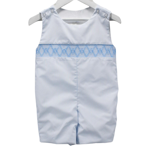 shortall, jon jon, blue and white vertical stripe fabric with a geometric smocking in blue
