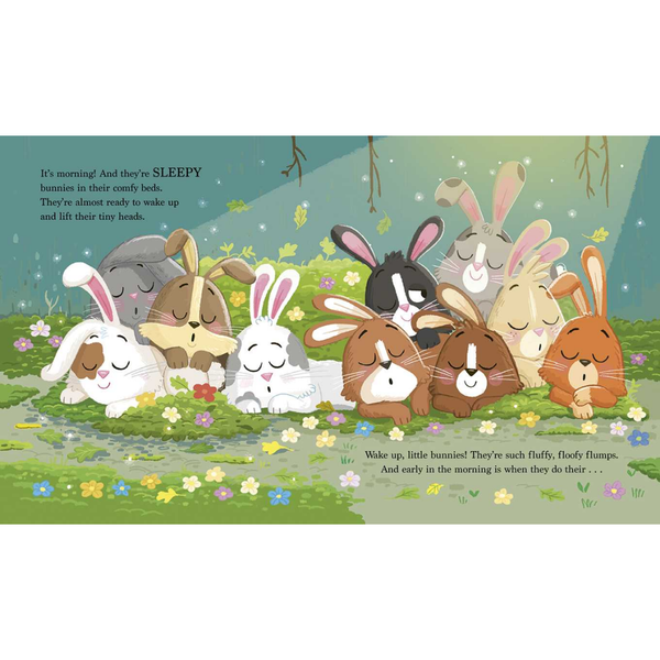 Illustration of bunnies in a garden with a bedtime theme