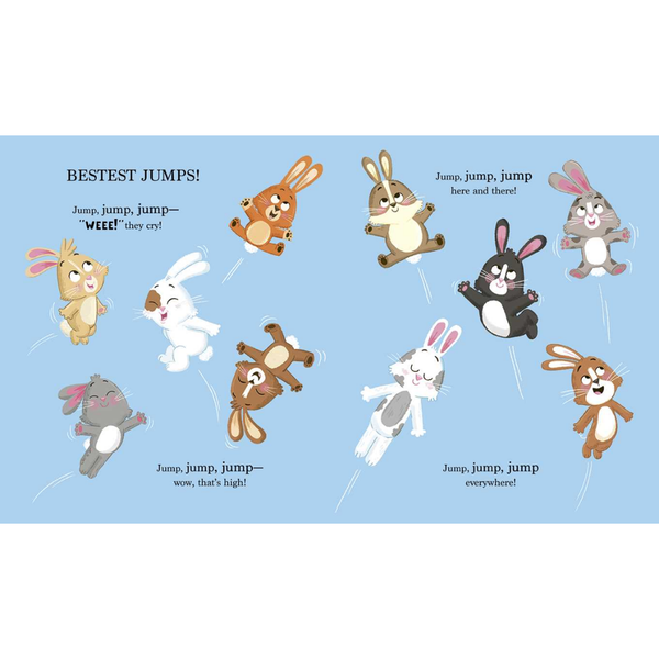Illustrations of cartoon bunnies in various poses with text on a blue background
