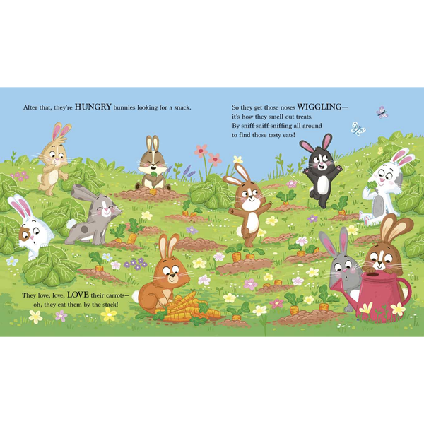 Illustration of various cartoon animals in a garden with text about them being hungry and looking for snacks.