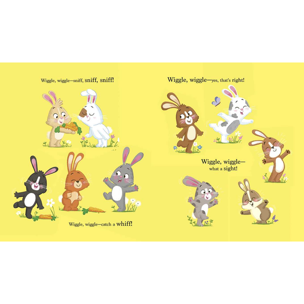 Illustrations of cartoon bunnies on a yellow background with text.