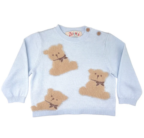 light blue sweater with three brown bears applique