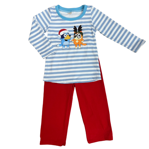 blue and white stripe long sleeve top with a screen print of bluey and bingo wearing christmas hats with a solid red knit pant