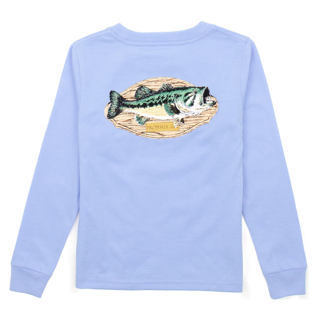 Boys’ light blue long sleeve t-shirt with a mounted bass fish graphic on the back

