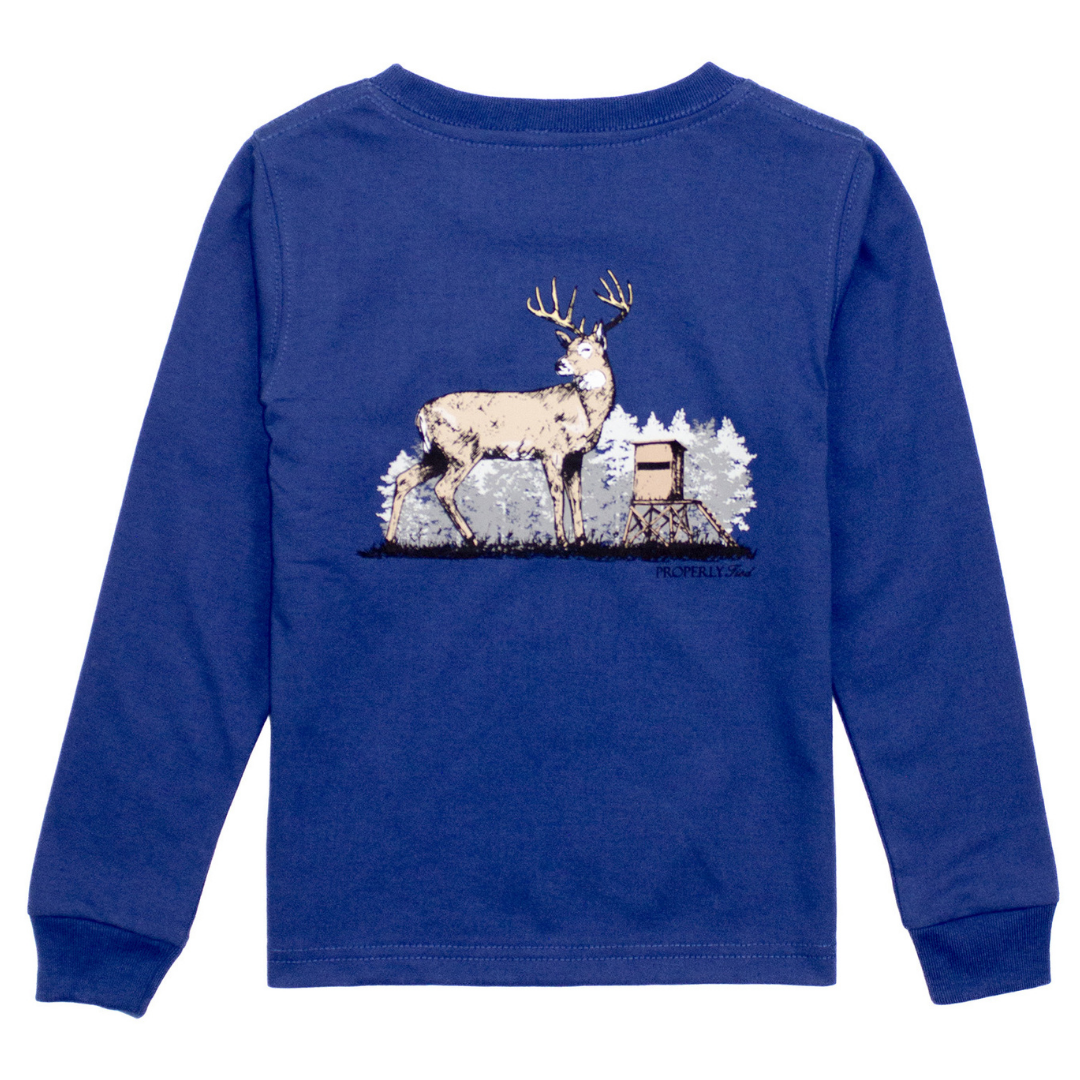 Boys’ long sleeve river blue shirt with a printed deer and hunting stand scene on the back


