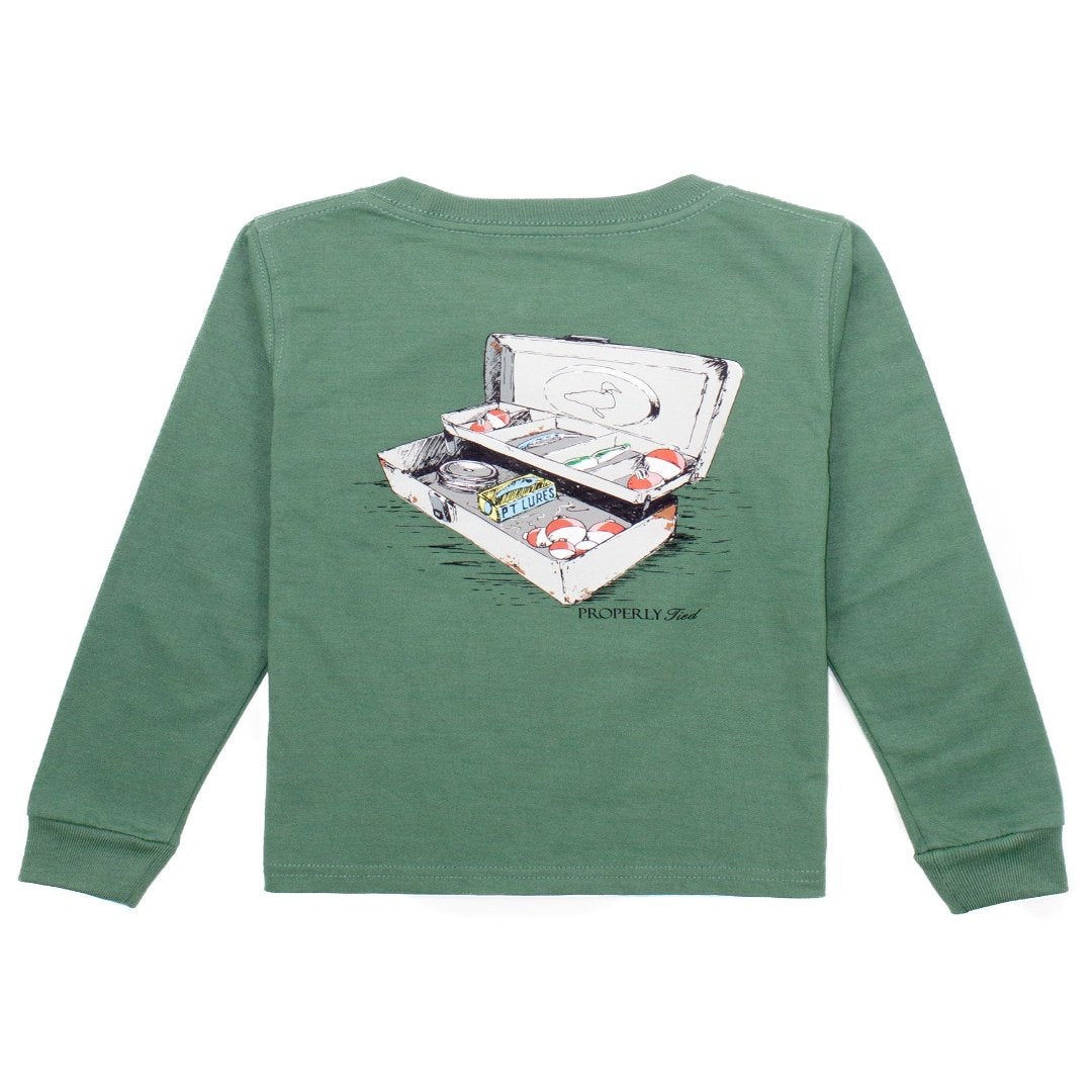 long sleeve cotton tee with a fishing tackle box graphic on the back and the properly tied signature and a small front pocket on the front with the properly tied logo
