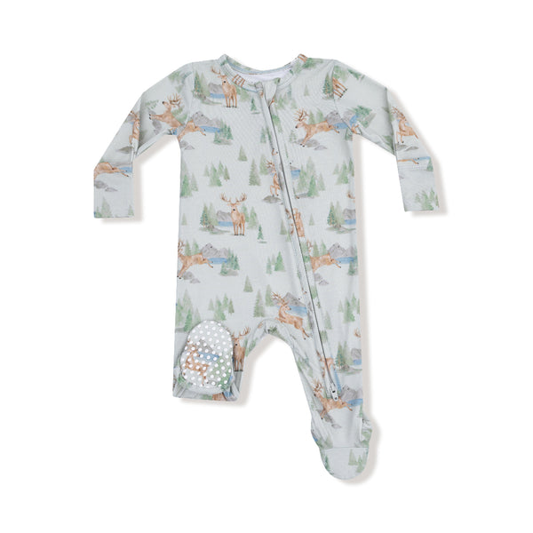 Front view of baby footie with watercolor buck deer and tree print, featuring zipper closure and grippy footies

