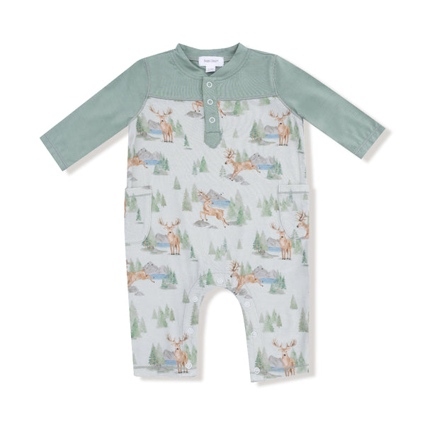 Front view of bamboo baby romper with buck deer print and green contrast sleeves

