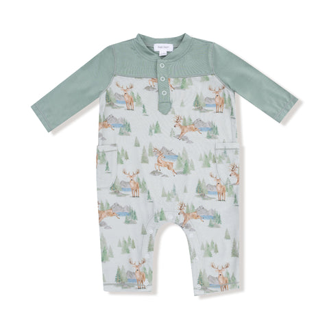 Front view of bamboo baby romper with buck deer print and green contrast sleeves


