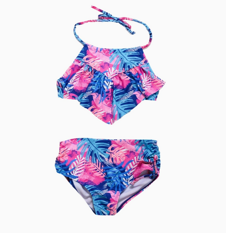 pink and blue two piece swimsuit with necklace style tie at neck and front ruffle with very modest bottoms