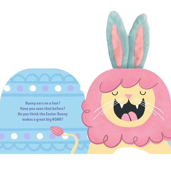 Illustration of a lion with bunny ears and pink hair, next to a blue Easter egg with text.