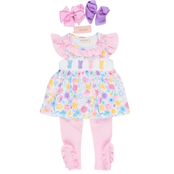 Girl’s pastel floral Easter outfit with bunny appliqué dress, flutter sleeves, pink leggings, and matching hair bows, styled for spring.
