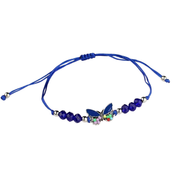 A dark blue adjustable rope bracelet with a silver-toned butterfly charm in the center. The charm has enamel detailing and small, colorful gems. The bracelet is adorned with several dark blue faceted beads and small silver spacer beads on either side of the butterfly. The background is white.