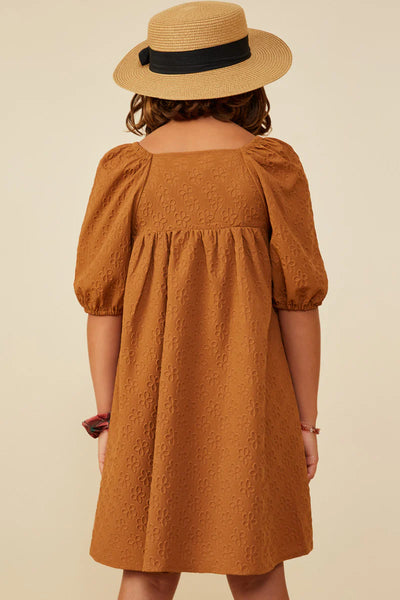 Camel Square Neck Embossed Floral Dress