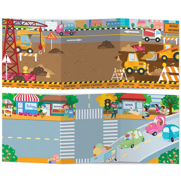 Fold-out play scenes including a construction site and a busy city street background