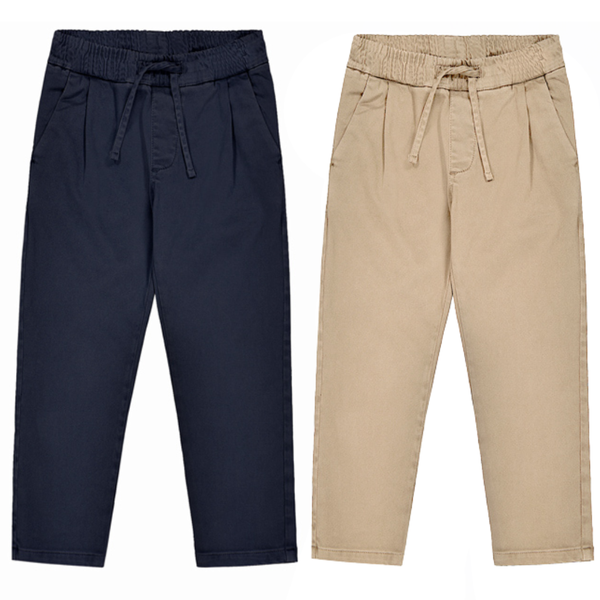 Kids pull-on chino pants in navy and khaki with elastic waistband, drawstring, and classic tailored fit