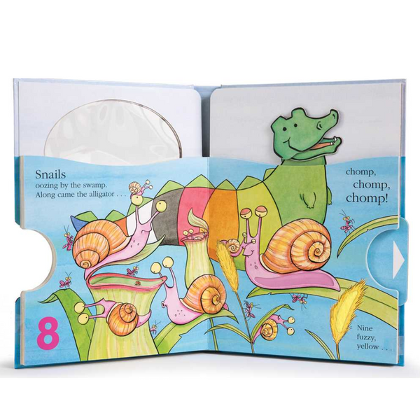 Inside spread showing colorful snails and counting elements.