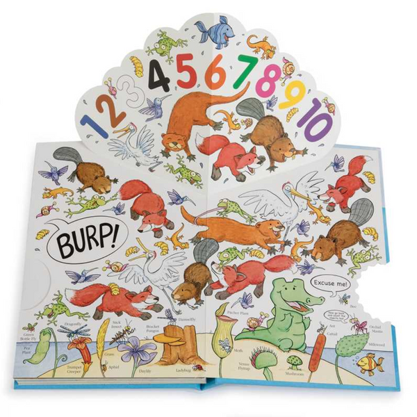 Pull-out final spread with numbers 1–10, animals, and alligator with “BURP!”