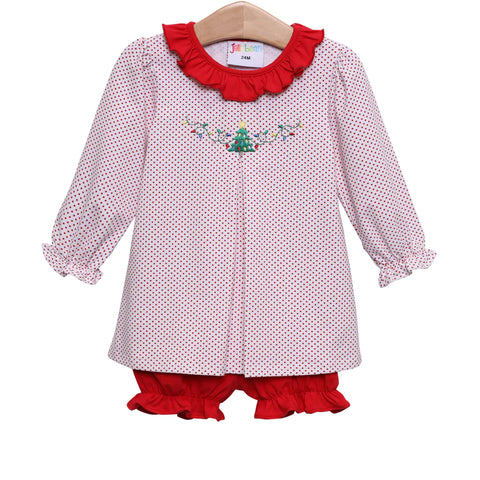 red and white dot pleated front top features a red ruffle neckline and solid red bloomer with a christmas lights embroidery on the top