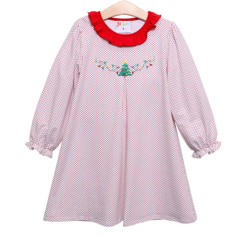 red and white dress with a single pleat in the center, long sleeve with a solid ruffled red neck and a christmas tree with lights embroidery on the center front
