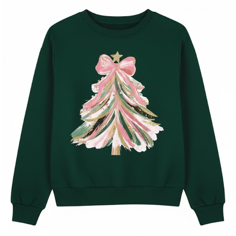 Dark green sweatshirt with a stylized Christmas tree graphic in shades of pink, gold, and green brushstrokes, topped with a star and a pink bow, on a white background.