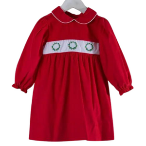 red long sleeve Christmas dress with three Christmas wreath on bodice