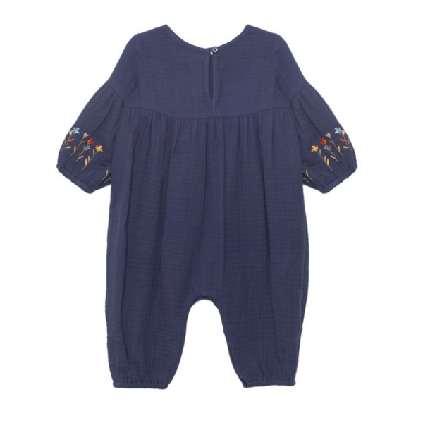 Navy baby romper with long puff sleeves and elastic hems, shown from the back with button closure at the neckline.