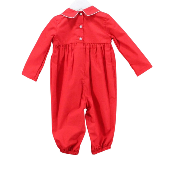 Back of red romper with white piped collar and three-button closure, gathered waist and cuffs.