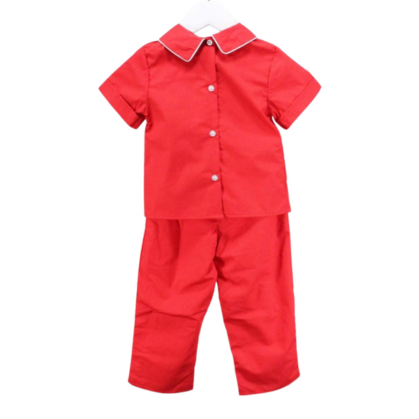 Back view of red Christmas set with button-up top and elastic waist pants.