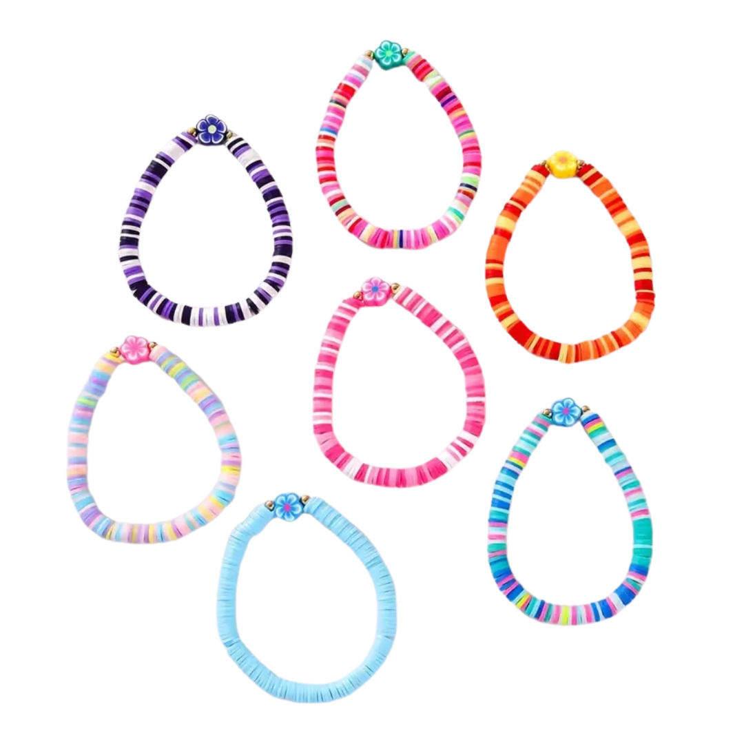 A product image showing six individual, circular coils of polymer clay disc bead bracelets arranged in two rows of three against a white background. The bracelets come in various colors including purple, red, orange, pastel, pink, and blue, each with a small flower bead charm.