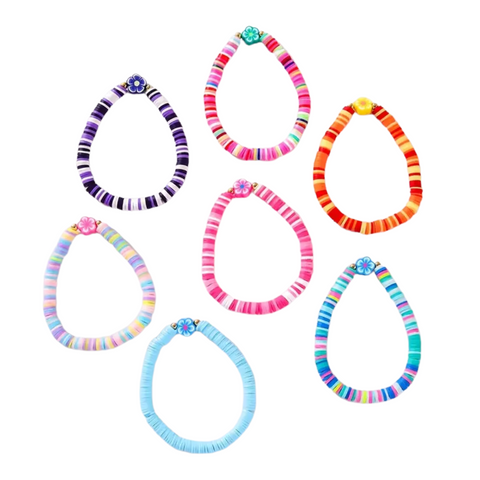 A product image showing six individual, circular coils of polymer clay disc bead bracelets arranged in two rows of three against a white background. The bracelets come in various colors including purple, red, orange, pastel, pink, and blue, each with a small flower bead charm.