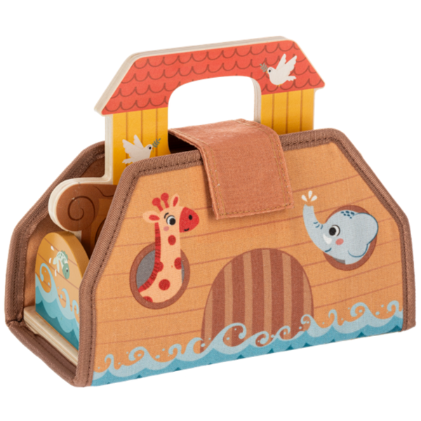 Noah’s Ark toy set with fabric sides folded closed, a fastening tab, giraffe and elephant illustrations, and a wooden carry handle.