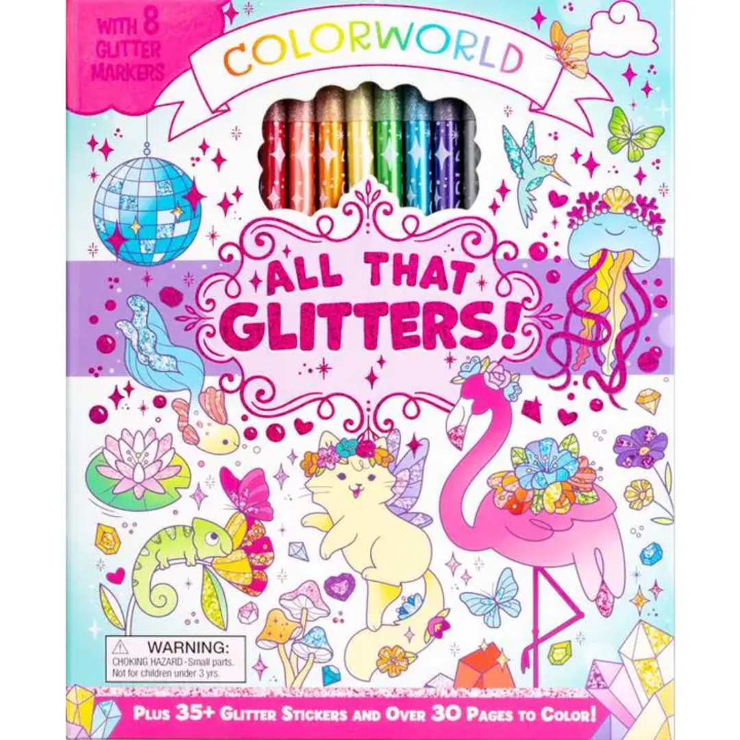 Colorworld: All That Glitters! coloring kit with 8 glitter markers, whimsical animals, and colorful sticker-filled artwork on the front cover.