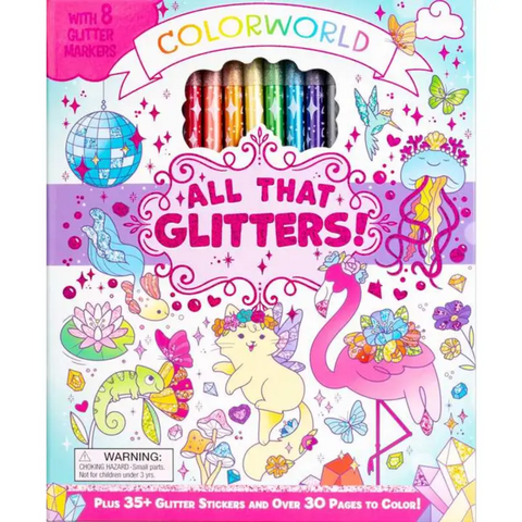 Colorworld: All That Glitters! coloring kit with 8 glitter markers, whimsical animals, and colorful sticker-filled artwork on the front cover.