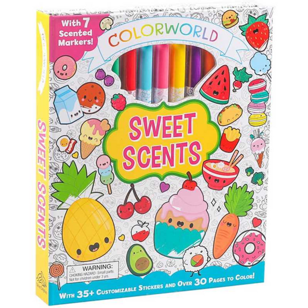 Front of Colorworld Sweet Scents coloring kit featuring cute food designs, 7 scented markers, and colorful packaging.