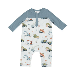 Blue daywear romper with construction machines and alphabets