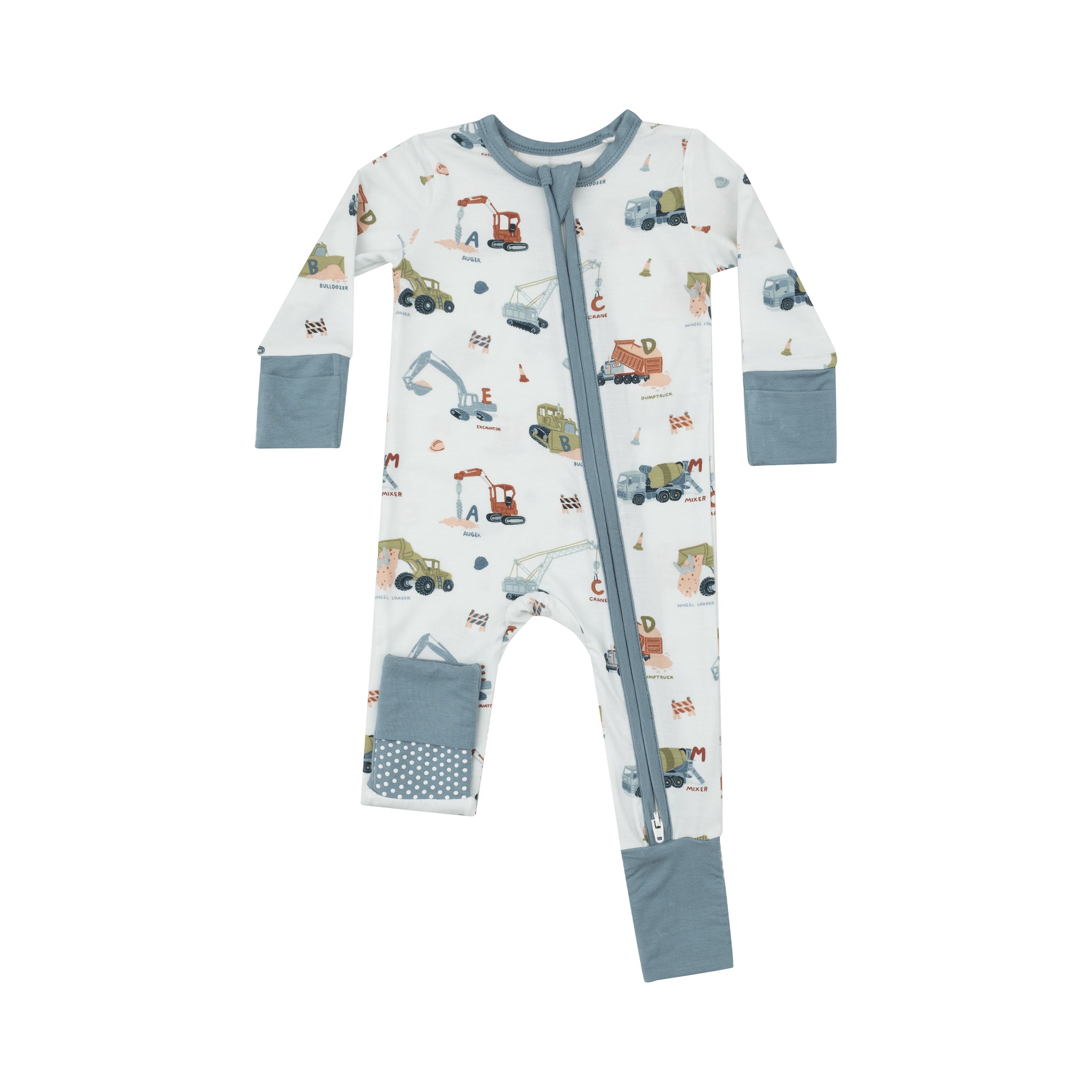 blue romper with alphabets and construction machines