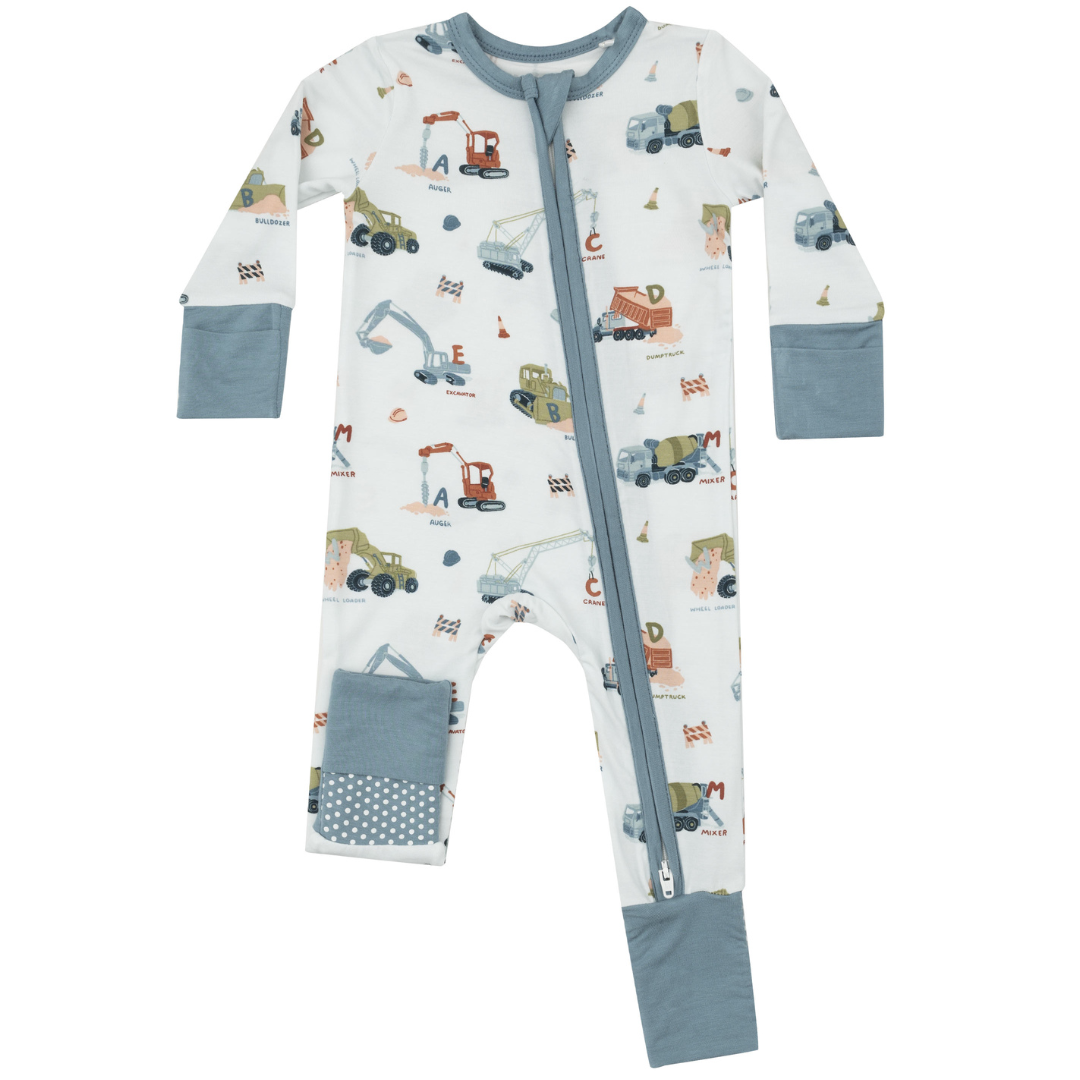 blue romper with alphabets and construction machines