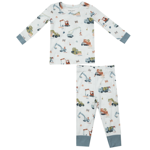 blue long sleeve loungewear set with construction machines and alphabets