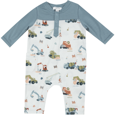 Blue daywear romper with construction machines and alphabets