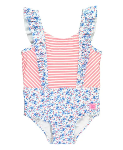 One piece swimsuit with pink stripes and pink and blue flowers