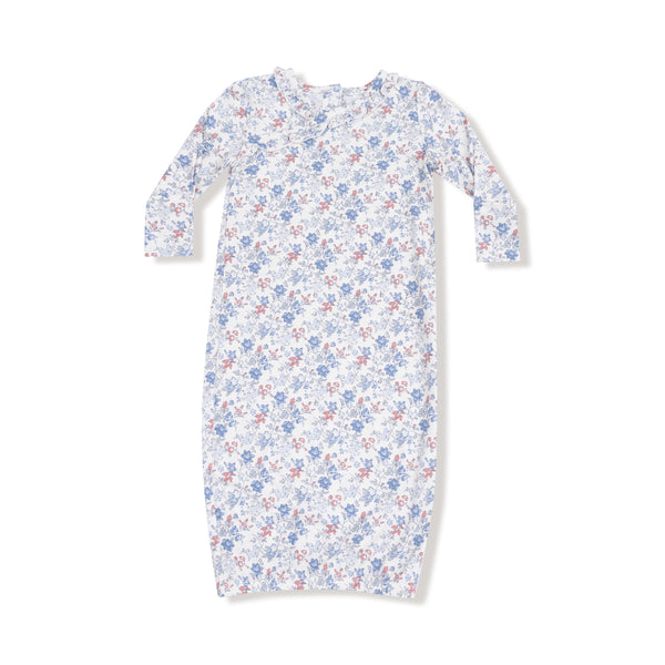 Country Girl Floral baby kimono gown with long sleeves and elastic bottom in blue and pink flower print on white background.










